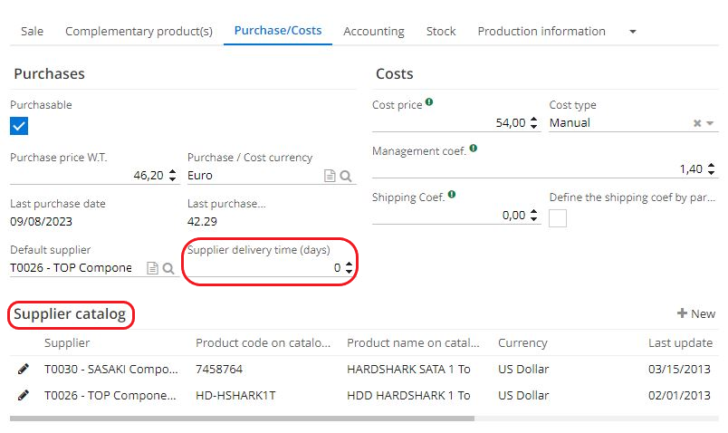 1.1 On a product file, in the Purchase/Costs tab, indicate the supplier's delivery time (in days). If necessary, add new lines to the Supplier Catalog in order to reference the various suppliers.